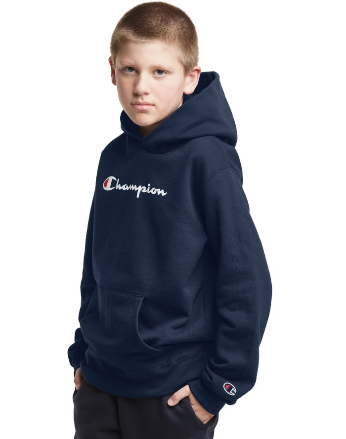 Champion Pullover Script Logo Erkek Çocuk Kapşonlu Sweatshirt Lacivert ( CYJDQI542 )